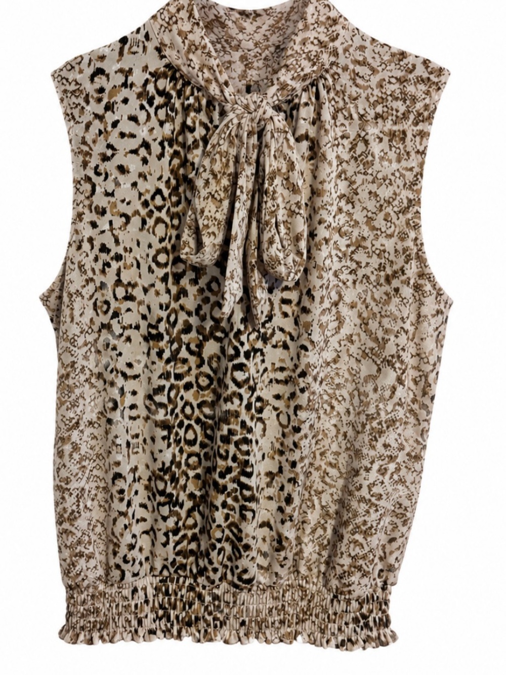 Sleeveless Tie-Neck Animal Print Blouse - Beige